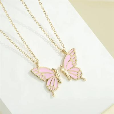 Pink Color Double Chain Magnet Butterfly Design Necklace set