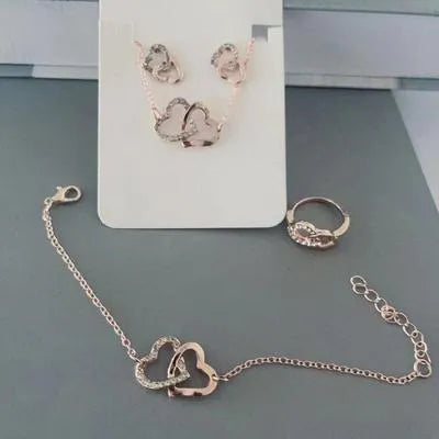 Stunning Double Heart Design Gold Plated Pendant Set - 4 Pcs for Women