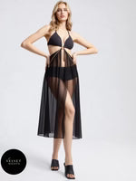 0: Black Glitter Triangle Bra & Sheer Maxi Cover-Up Set
